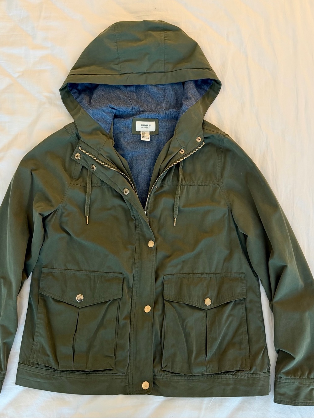 Forever 21 Green Hooded Utility Jacket with Blue Lining